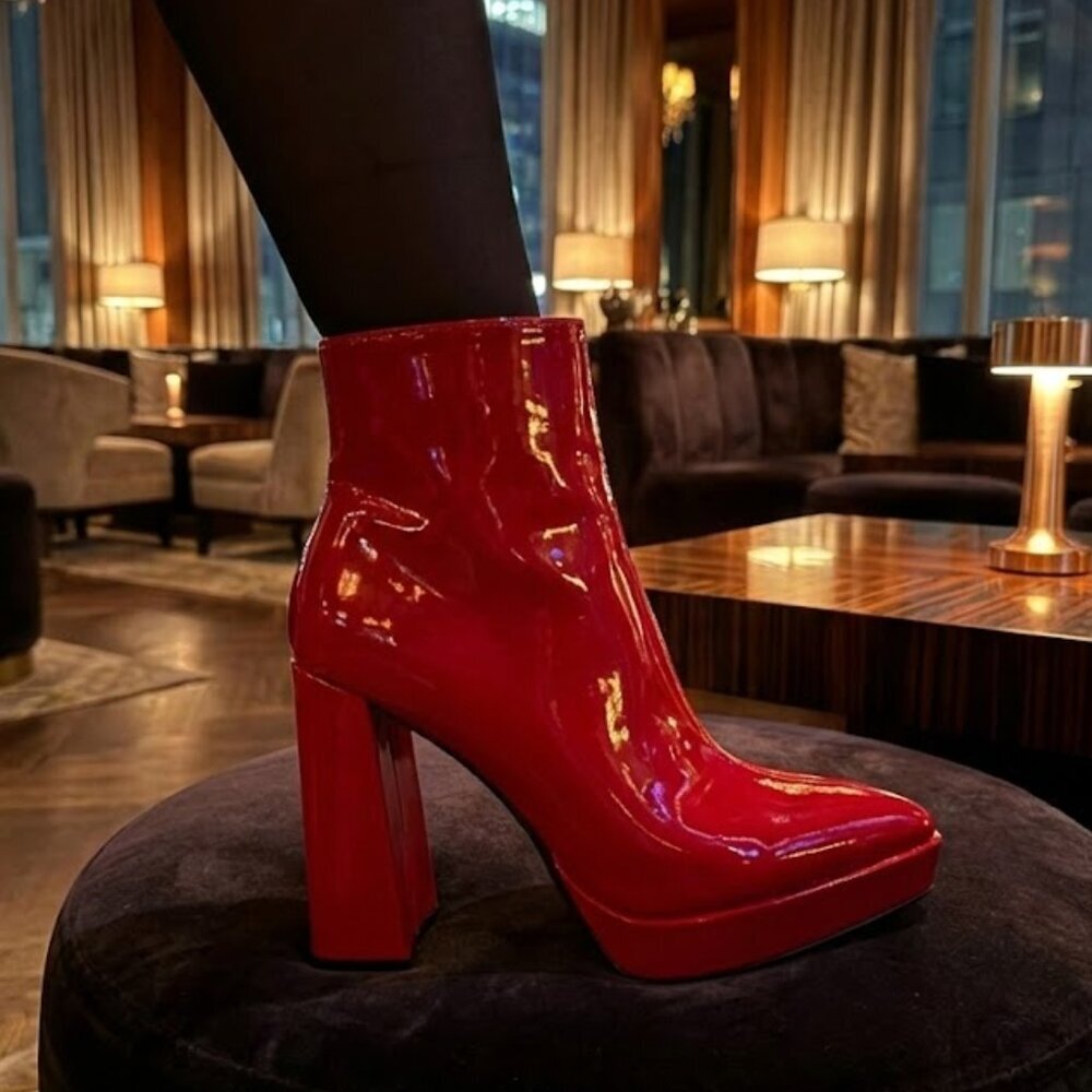 NWT Bamboo Red Patent Platform Ankle Boots | 4.5" Block Heel Square Toe Booties - Picture 4 of 4